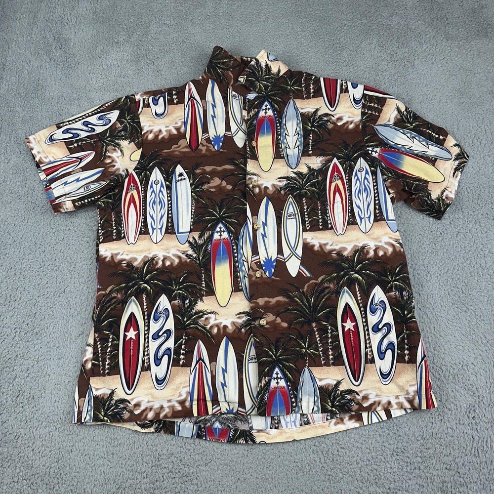 RJC Hawaiian Shirt Mens XL Brown Tropical Palm Tree Surfboard Print Aloha Beach